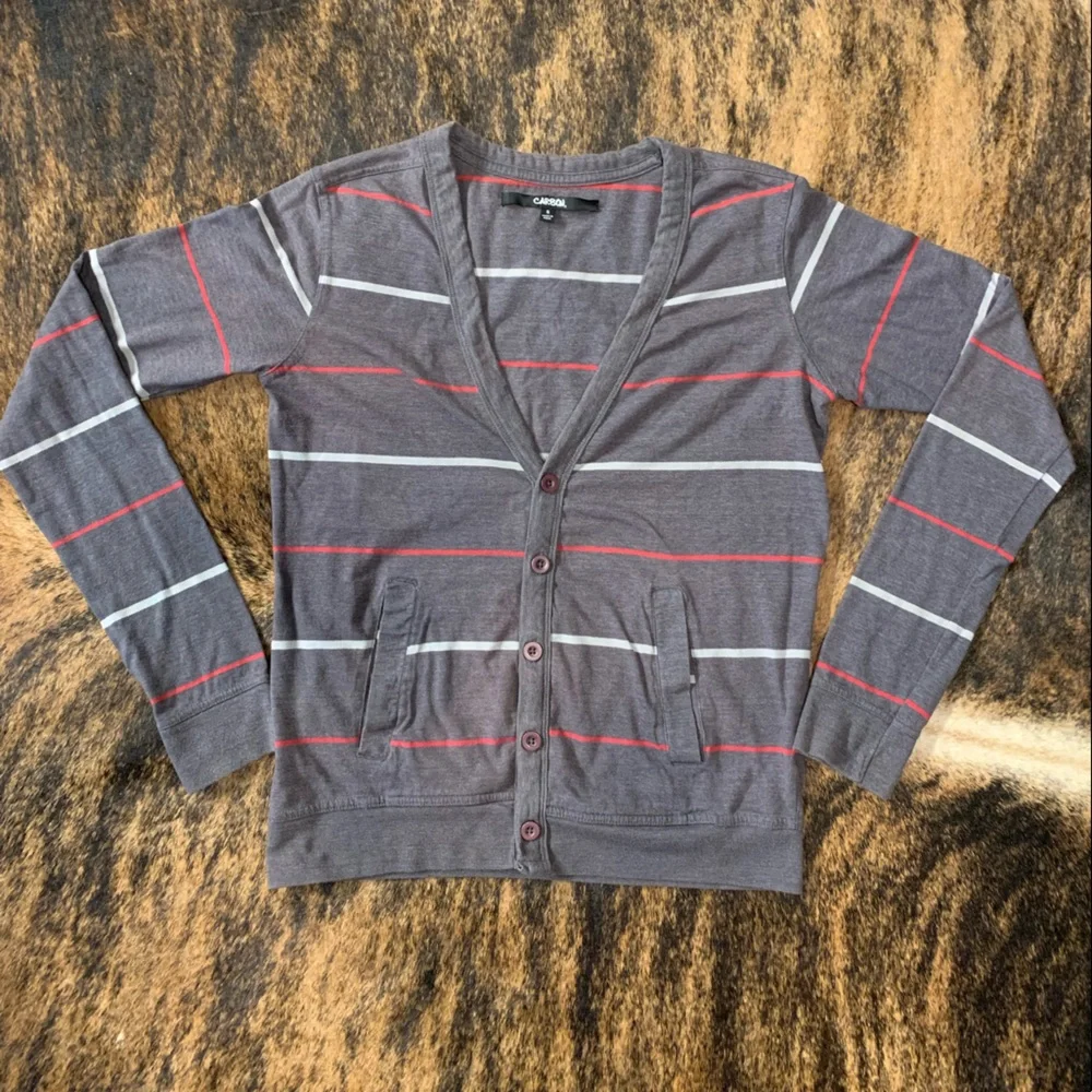 Carbon size small gray with white and red strip button up cardigan with pockets - Picture 1 of 7